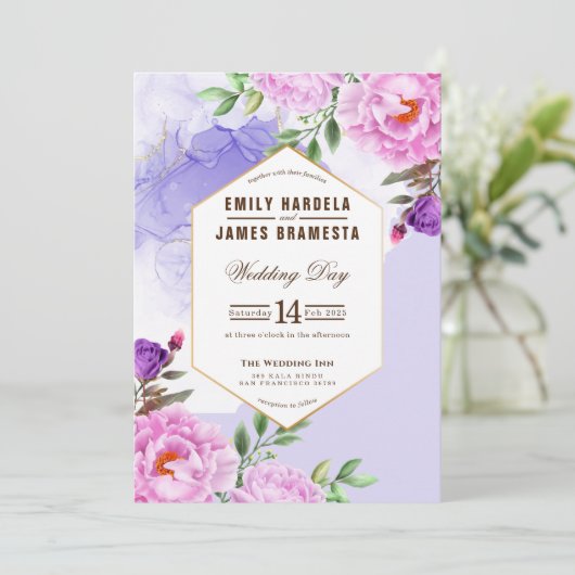 紫のフローラ水彩額付きバジェット結婚ズ 招待状 (スタンド正面)