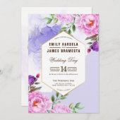 紫のフローラ水彩額付きバジェット結婚ズ 招待状 (正面/裏面)