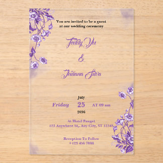 紫のフローラ水色のアクリルの結婚式の招待 アクリル招待状