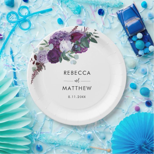 紫のフローラ水色のスクリプトウェディングレセプション ペーパープレート (パーティー)