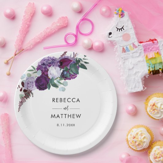 紫のフローラ水色のスクリプトウェディングレセプション ペーパープレート (パーティー)