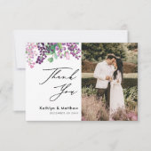 紫のフローラ水色のスクリプトフォト結婚ズ サンキューカード (正面)