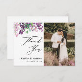 紫のフローラ水色のスクリプトフォト結婚ズ サンキューカード (正面/裏面)