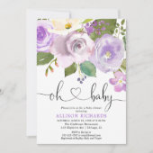 紫のフローラ水色の女の子の赤ちゃんシャワー 招待状 (正面)