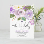 紫のフローラ水色の女の子の赤ちゃんシャワー 招待状 (スタンド正面)