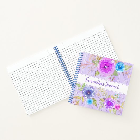 紫のフローラ水色の素朴な木のカスタム正方形 ノートブック (内部)