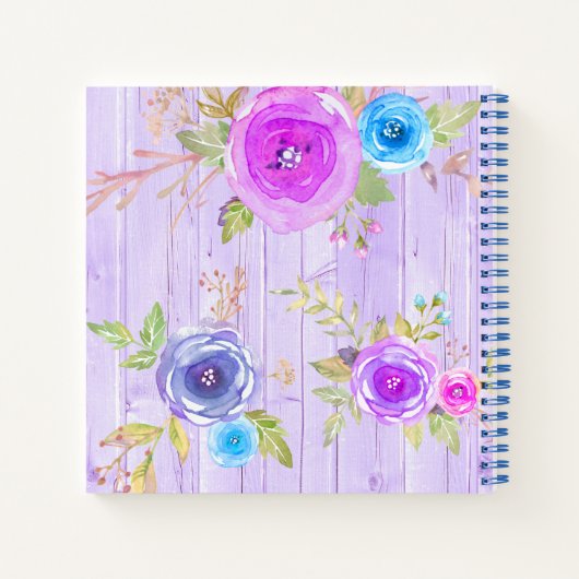 紫のフローラ水色の素朴な木のカスタム正方形 ノートブック (裏面)