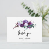 紫のフローラ水色の結婚スクリプト サンキューカード (スタンド正面)