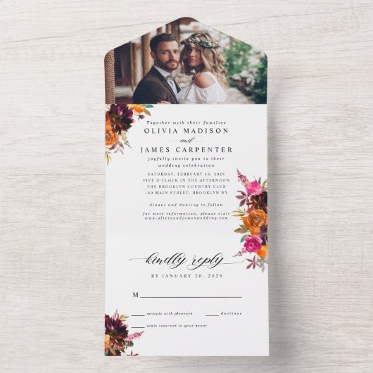 紫のフローラ秋の水の色の写真結婚の オールインワン招待状 (内側)