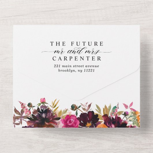 紫のフローラ秋の水の色の写真結婚の オールインワン招待状 (裏面)