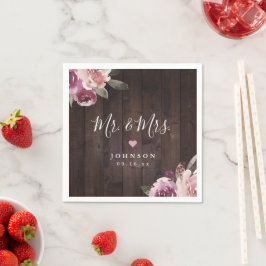 紫のフローラ素朴な木ミスター&ミセス結婚ズ スタンダードカクテルナプキン