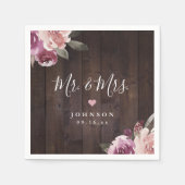 紫のフローラ素朴な木ミスター&ミセス結婚ズ スタンダードカクテルナプキン (正面)