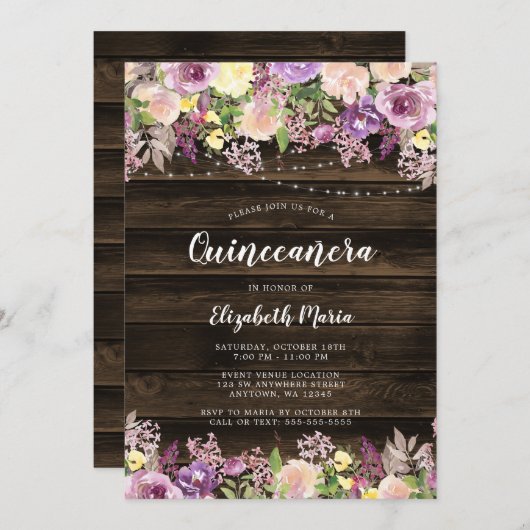 紫のフローラ素朴ストリングライトキンセアニェラ 招待状 (正面/裏面)