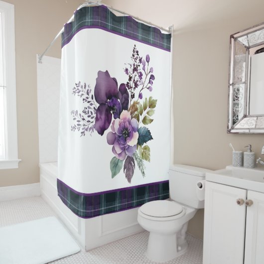 紫のフローラ紫と緑の格子模様のシャワーカーテン シャワーカーテン (インサイチュ)