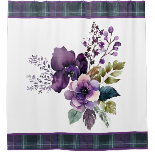 紫のフローラ紫と緑の格子模様のシャワーカーテン シャワーカーテン (正面)