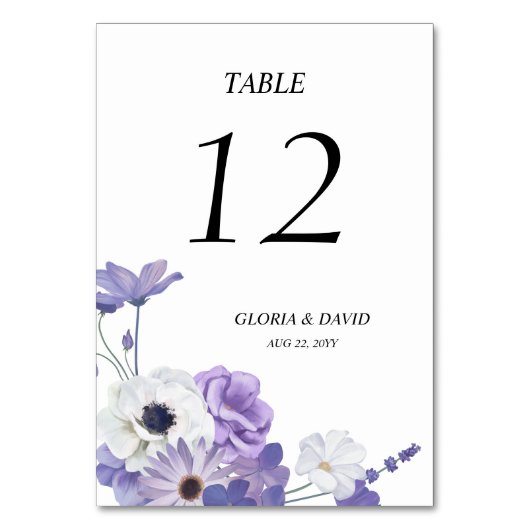 紫のフローラ結婚のテーブル番号カード テーブルナンバー (正面)