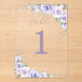 紫のフローラ結婚のブライダルシャワーテーブル番号 アクリル招待状 (正面)