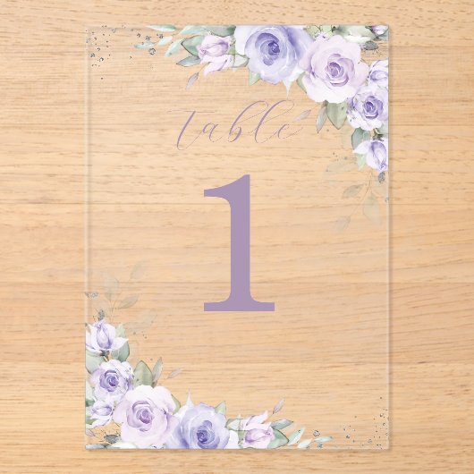 紫のフローラ結婚のブライダルシャワーテーブル番号 アクリル招待状 (正面)