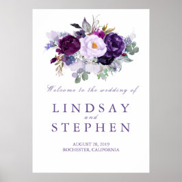 紫のフローラ結婚の歓迎サイン ポスター