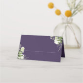 紫のフローラ結婚の緑の折り畳み プレイスカード (正面)