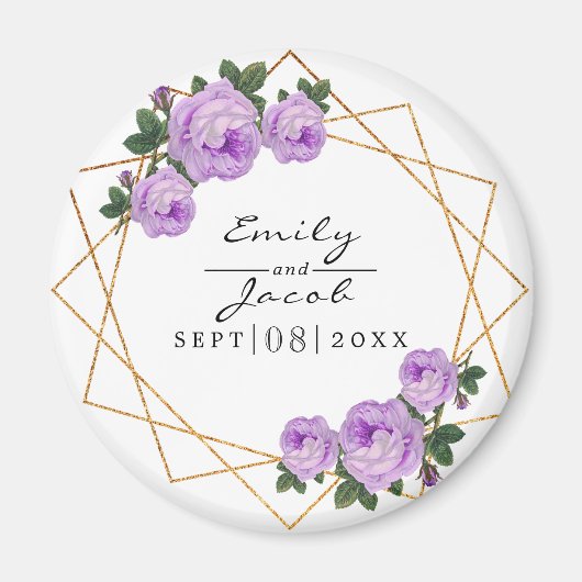 紫のフローラ結婚エレガント金ゴールドグリッター幾何学的 マグネット (正面)