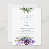 紫のフローラ結婚式は日付カードを保存 セーブザデート (正面)