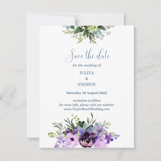紫のフローラ結婚式は日付カードを保存 セーブザデート (正面)