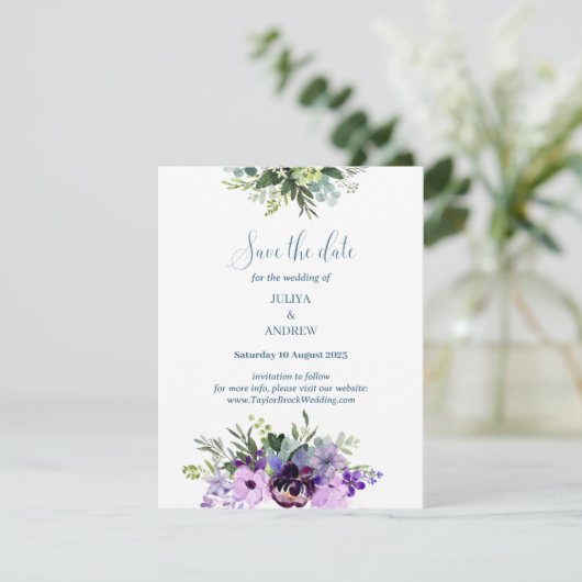 紫のフローラ結婚式は日付カードを保存 セーブザデート (スタンド正面)