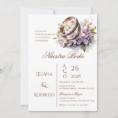 紫のフローラ結婚式招待状とリングや輪 招待状 (正面)