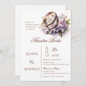 紫のフローラ結婚式招待状とリングや輪 招待状 (正面/裏面)