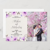 紫のフローラ結婚式招待状と写真 招待状 (正面/裏面)