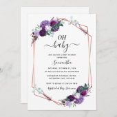 紫のフローラ緑のスクリプト赤ちゃんシャワー 招待状 (正面/裏面)