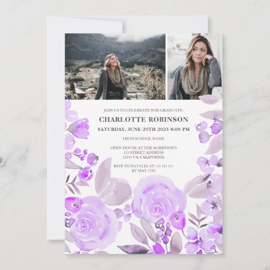 紫のフローラ緑のスクリプト3枚の写真の卒業 招待状 (裏面)