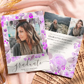 紫のフローラ緑のスクリプト3枚の写真の卒業 招待状