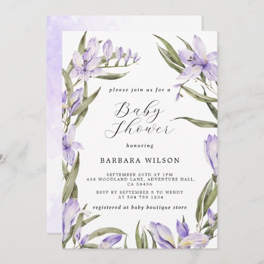 紫のフローラ緑の水の色ベビーシャワー 招待状 (正面/裏面)