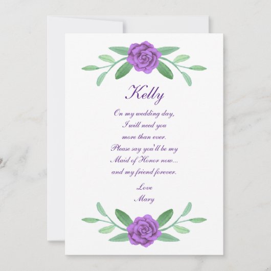 紫のフローラ緑の葉のメイド・オブ・オーナー（花嫁付き添い人）カード 招待状 (正面)