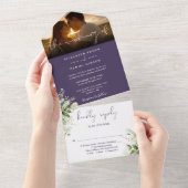 紫のフローラ緑結婚の台本の写真 オールインワン招待状 (貼ってはがせる)