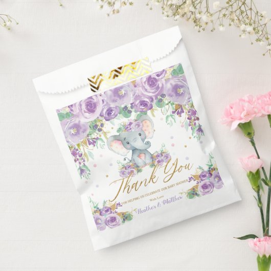 紫のフローラ花かわいい象の赤ちゃんシャワー フェイバーバッグ (封をした状態)