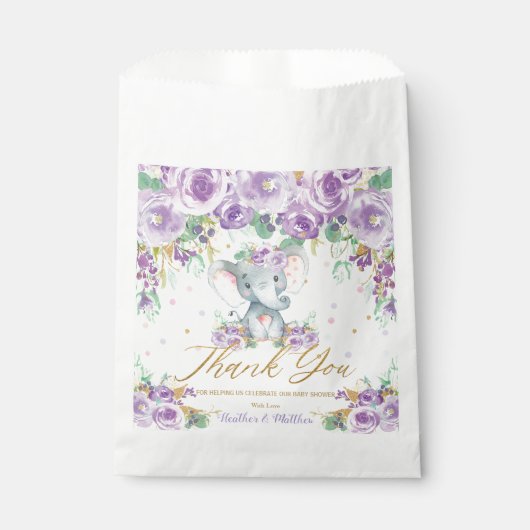 紫のフローラ花かわいい象の赤ちゃんシャワー フェイバーバッグ (正面)