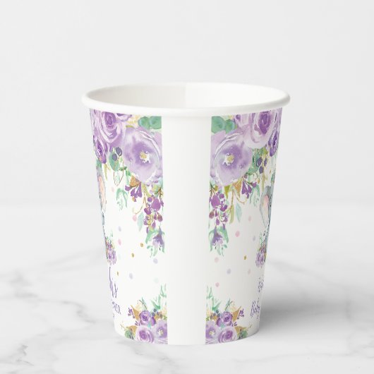 紫のフローラ花かわいい象の赤ちゃんシャワー 紙コップ (左)
