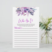 紫のフローラ花Who Am Iブライダルシャワーゲーム 便箋 (スタンド正面)