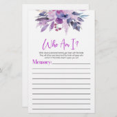 紫のフローラ花Who Am Iブライダルシャワーゲーム 便箋 (正面/裏面)