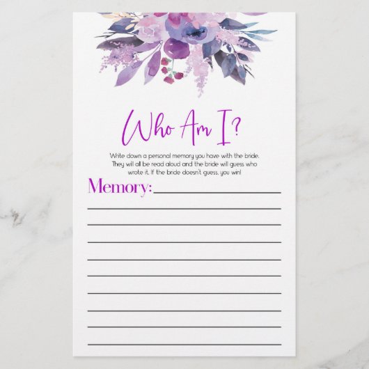 紫のフローラ花Who Am Iブライダルシャワーゲーム 便箋 (正面)