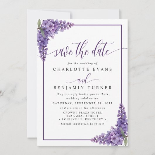 紫のフローラ藤のコーナー日付カードを保存 セーブザデート (正面)