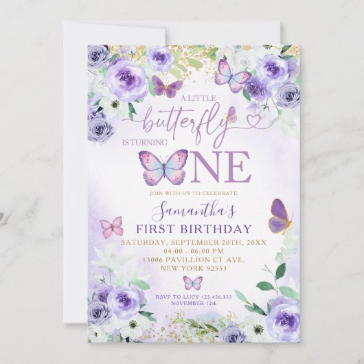 紫のフローラ蝶が1つの誕生日 招待状 (正面)