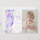 紫のフローラ蝶のキスと誕生日の願い 招待状 (正面)
