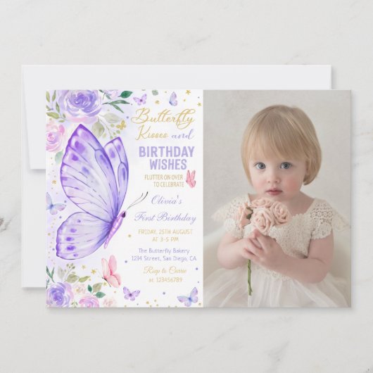 紫のフローラ蝶のキスと誕生日の願い 招待状 (正面)