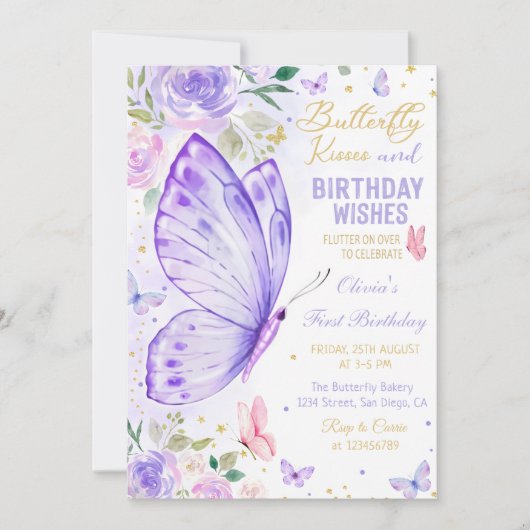 紫のフローラ蝶のキスと誕生日の願い 招待状 (正面)