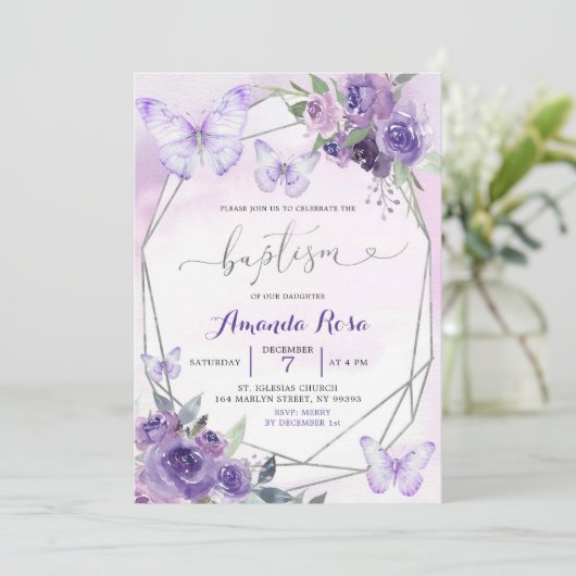 紫のフローラ蝶の幾何学的バプテスマ 招待状 (スタンド正面)