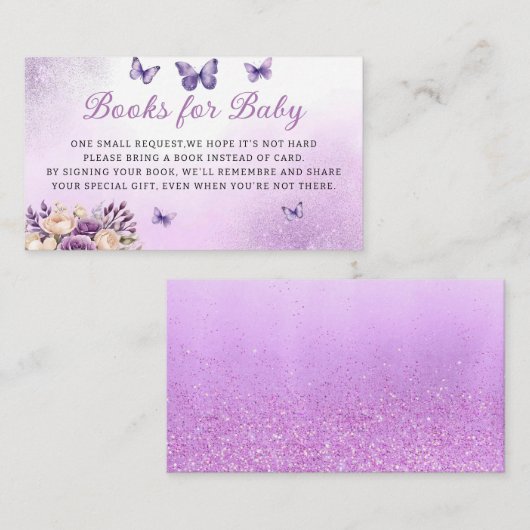 紫のフローラ蝶の赤ちゃんシャワーブックベビー エンクロージャーカード (正面/裏面)